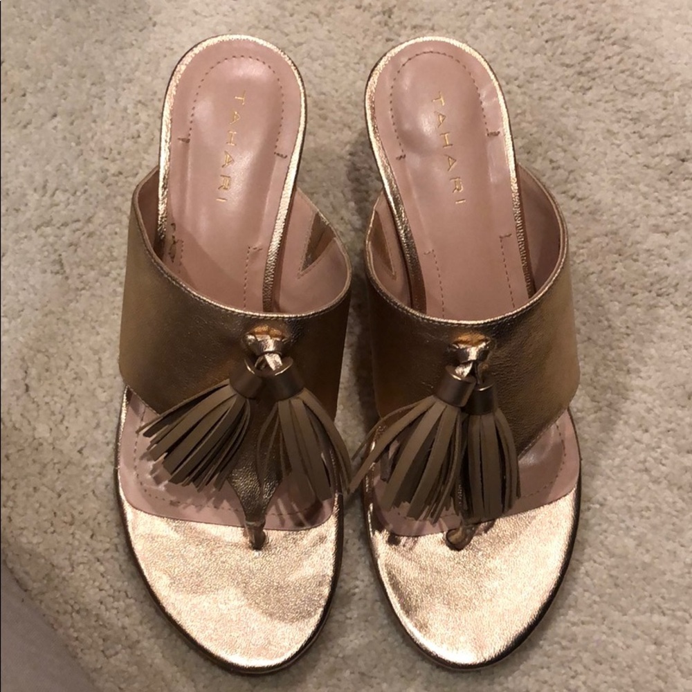 Tahari Kitten Heeled Gold Sandals